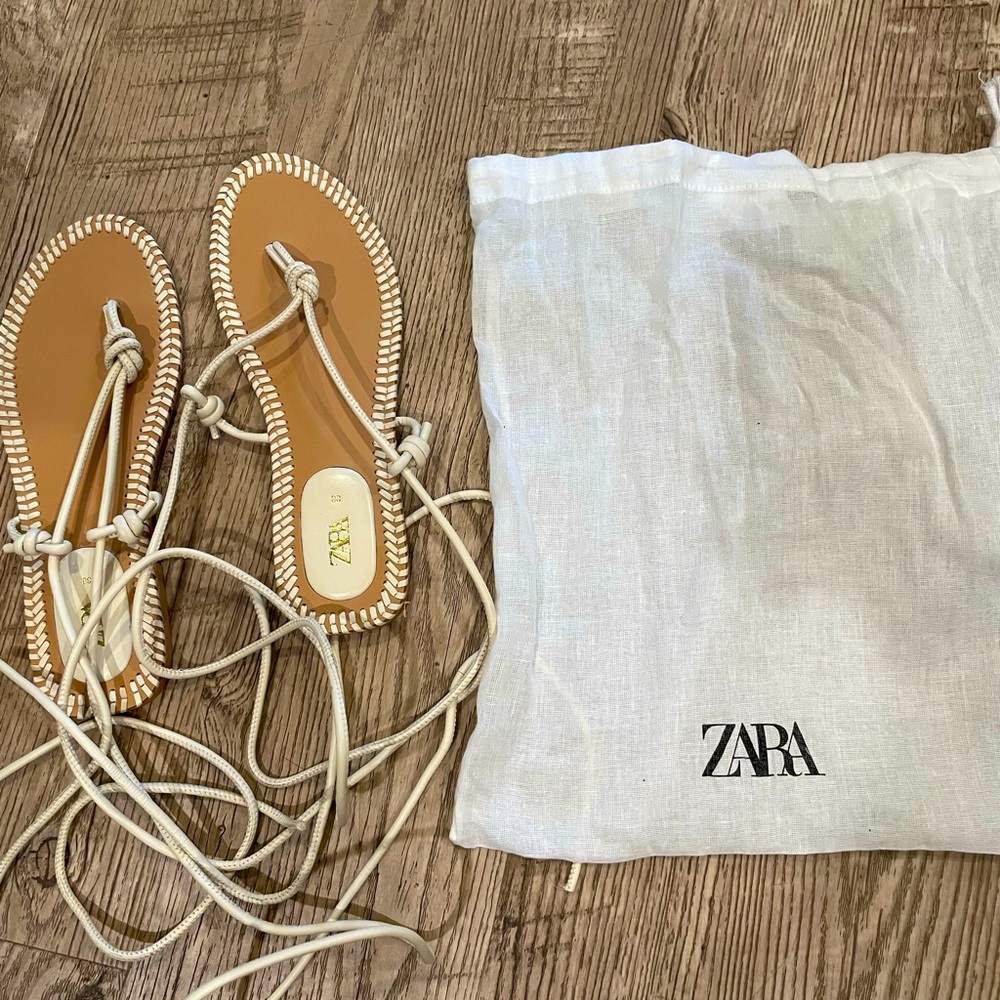 ZARA OFF WHITE LACE UP TIED FLAT LEATHER SANDALS 7.5